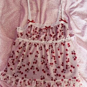 Coquette cherry print white lace tank top